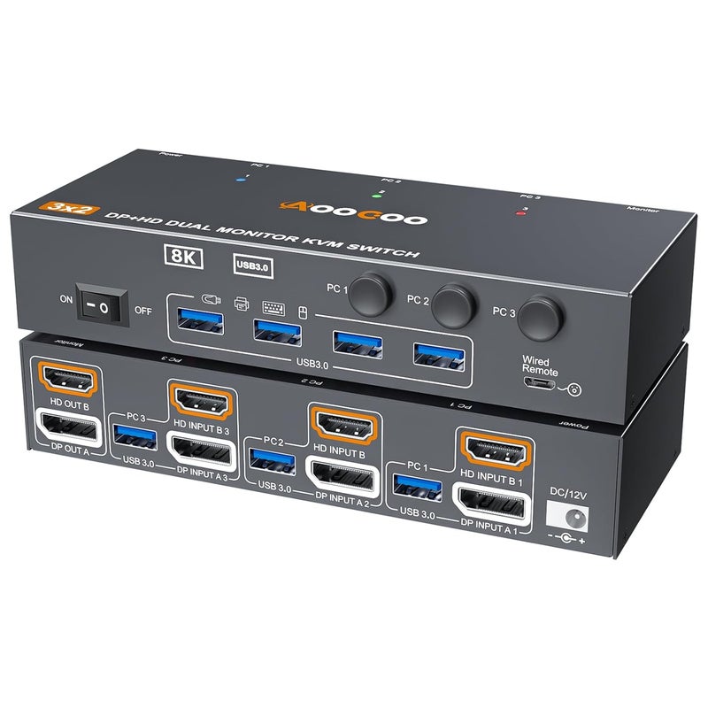AOOCOO مفتاح KVM لشاشتين 3 حواسيب 8K@60Hz/4K144Hz، DP+HDMI مفاتيح KVM لشاشتين مع 4 منافذ USB 3.0، جهاز تحكم سلكي، كابلات USB 3.0 مشمولة (8K 3 PC 2 Monitor KVM) - Image 1
